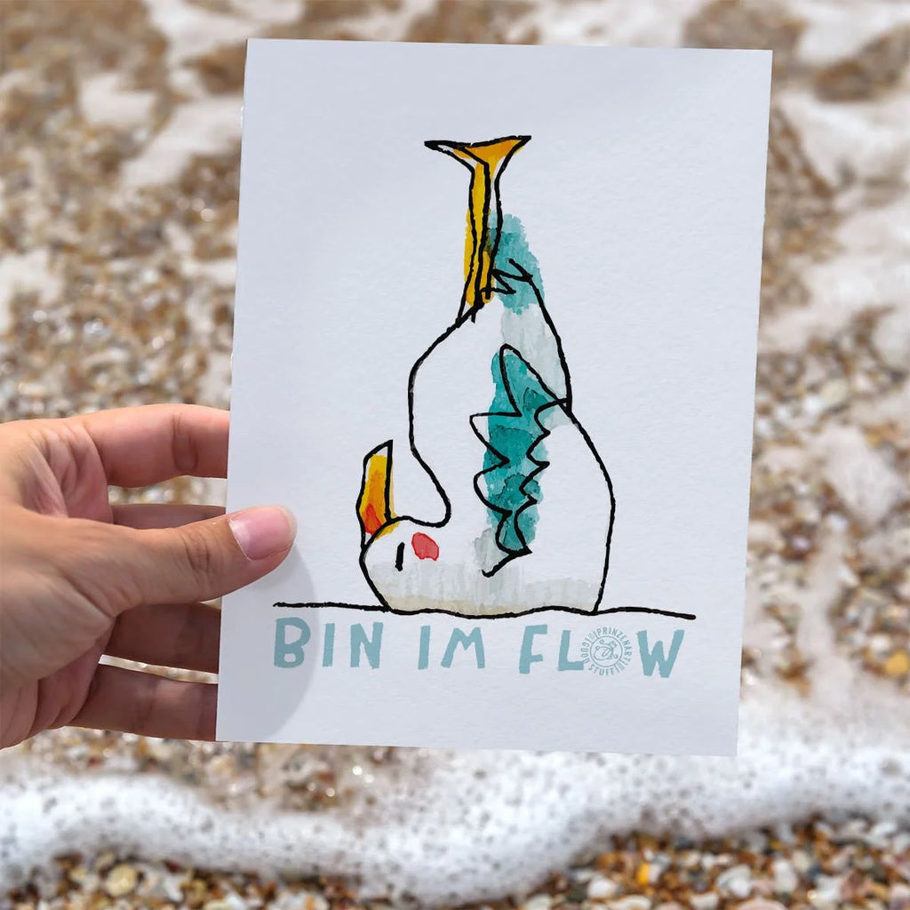 Postkarte Yogamöwe Schulterstand-Pose am Strand, Aquarell-Illustration | Prinzenart