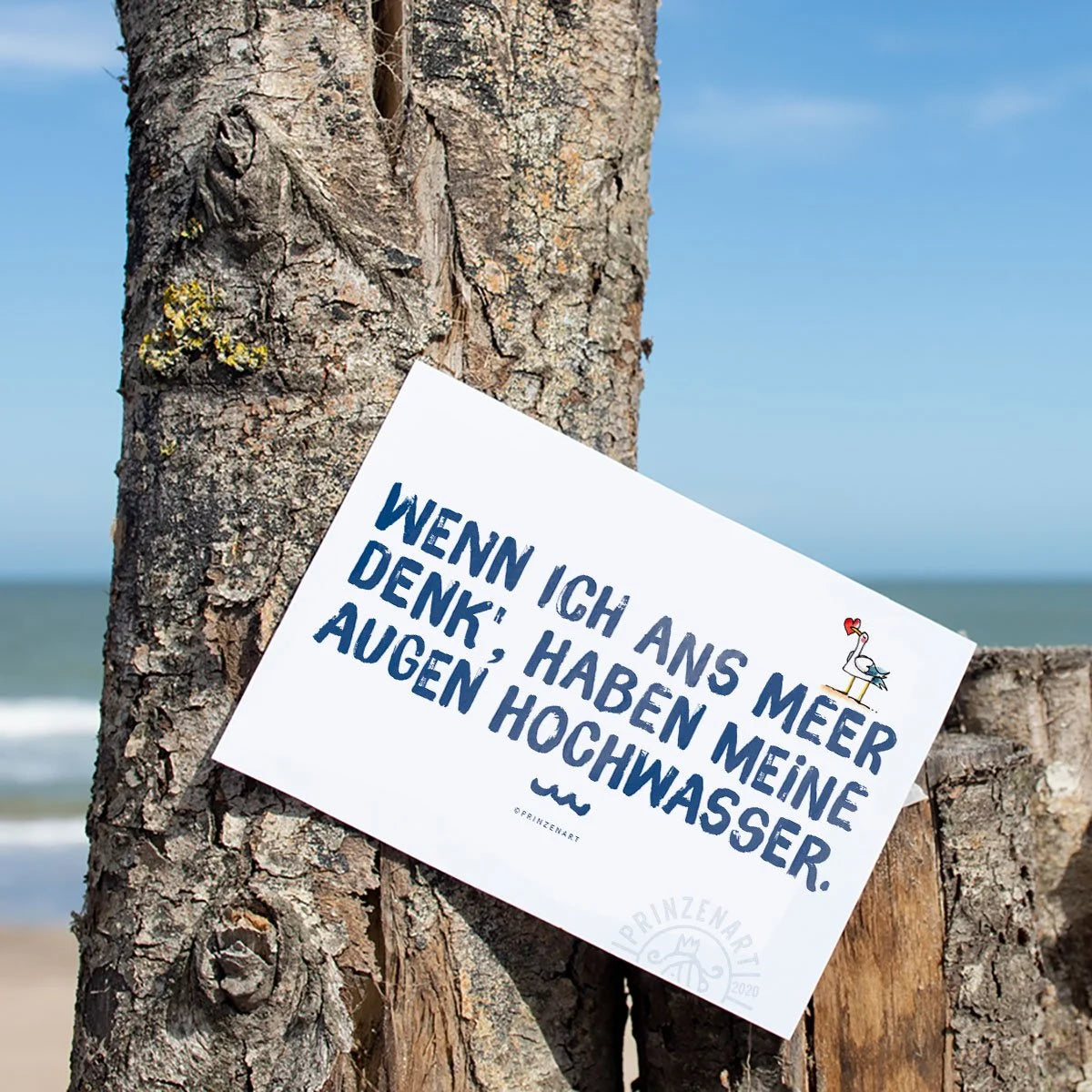 Meersinn-Postkarte maritimer Spruch, Hochwasser mit Moewe am Strand | Prinzenart