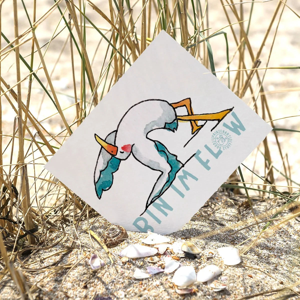 Postkarte Yogamöwe Rockstar-Pose vorgebeugt am Strand | Prinzenart