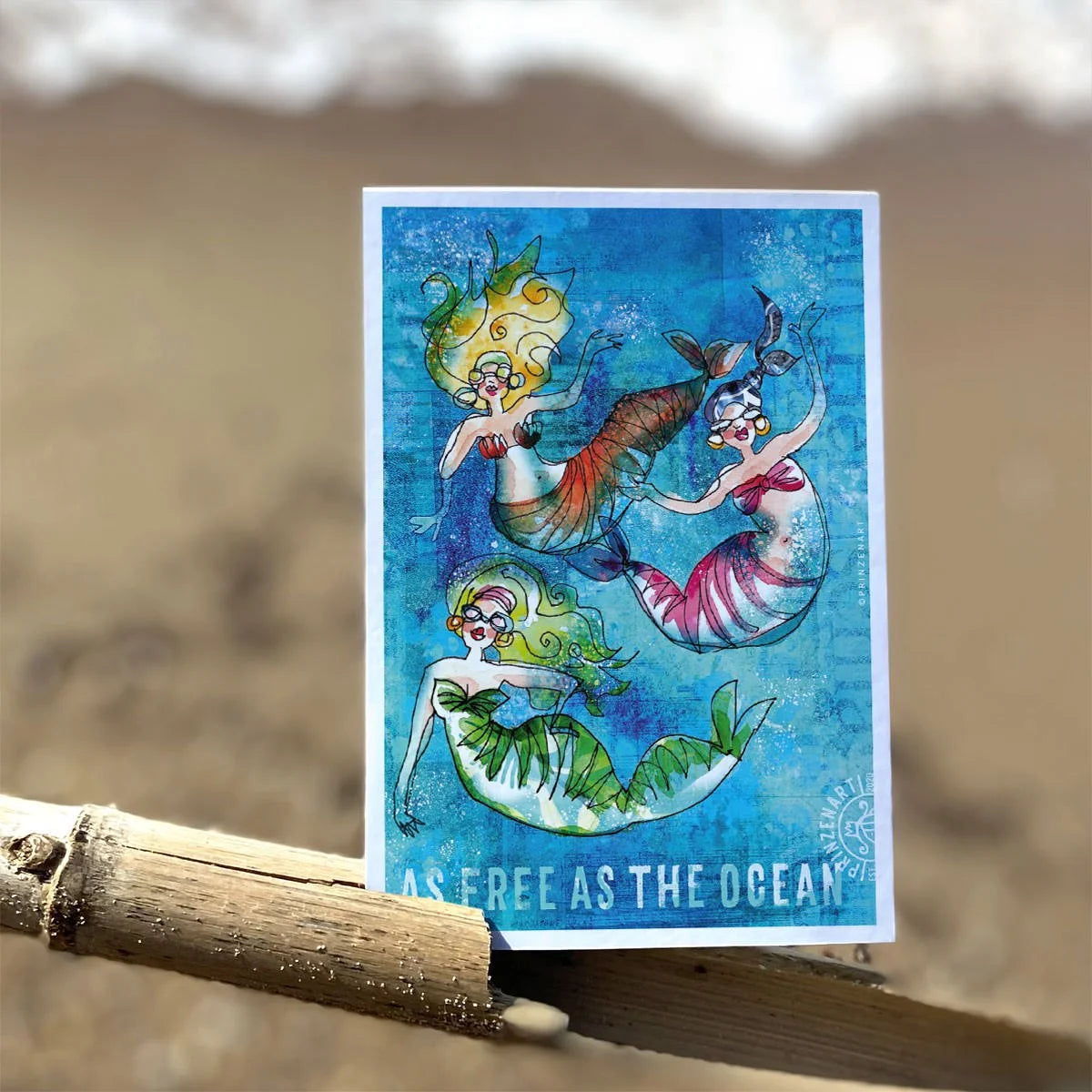 Drei farbenfrohe Meerjungfrauen unter Wasser, As free as the ocean, Aquarell | Prinzenart