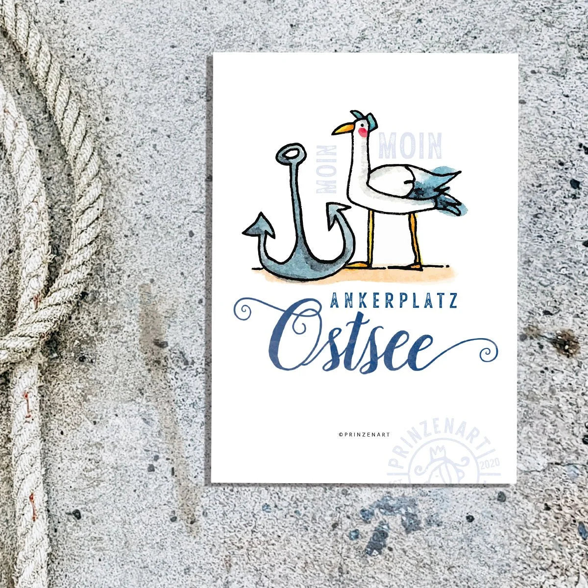 Postkarte Hajos Heimat Ostsee mit Möwe am Hafen, Aquarell | Prinzenart