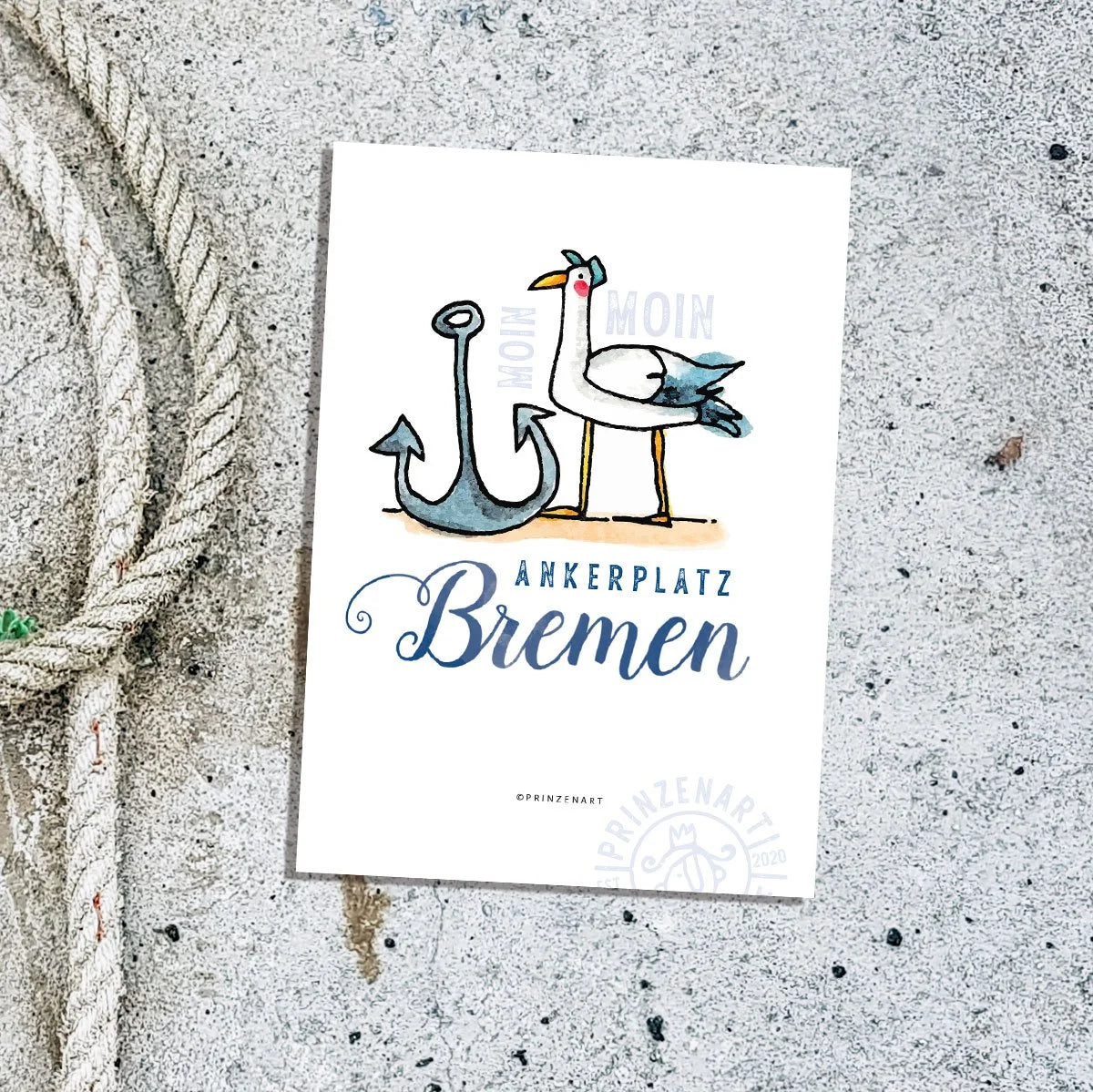 Postkarte Hajos Heimat Bremen mit Möwe am Hafen, Aquarell | Prinzenart