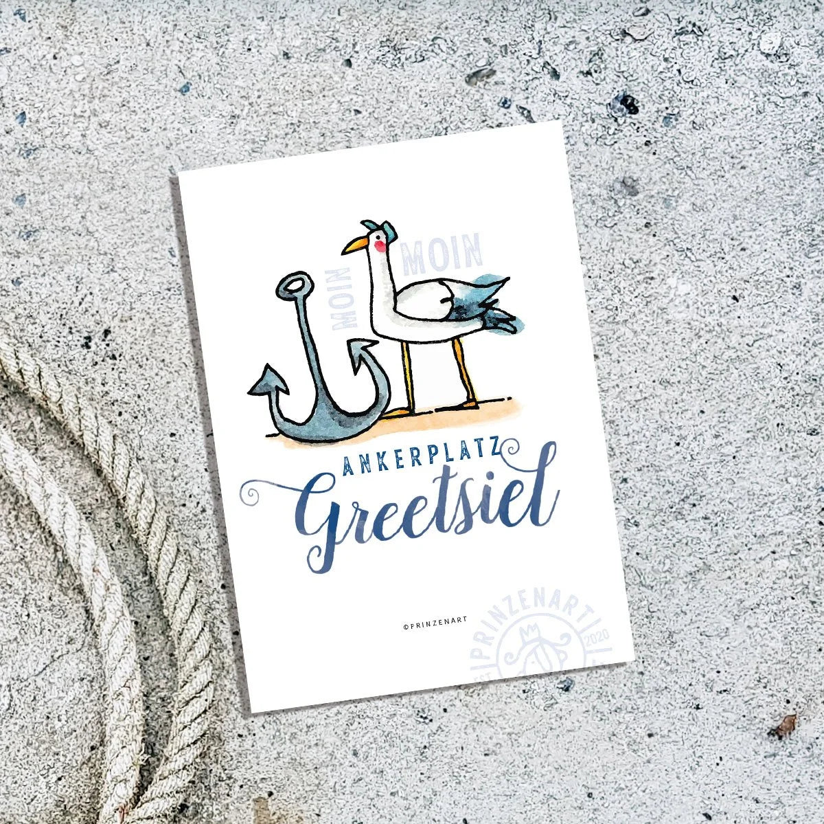 Postkarte Hajos Heimat Greetsiel mit Möwe am Hafen, Aquarell | Prinzenart