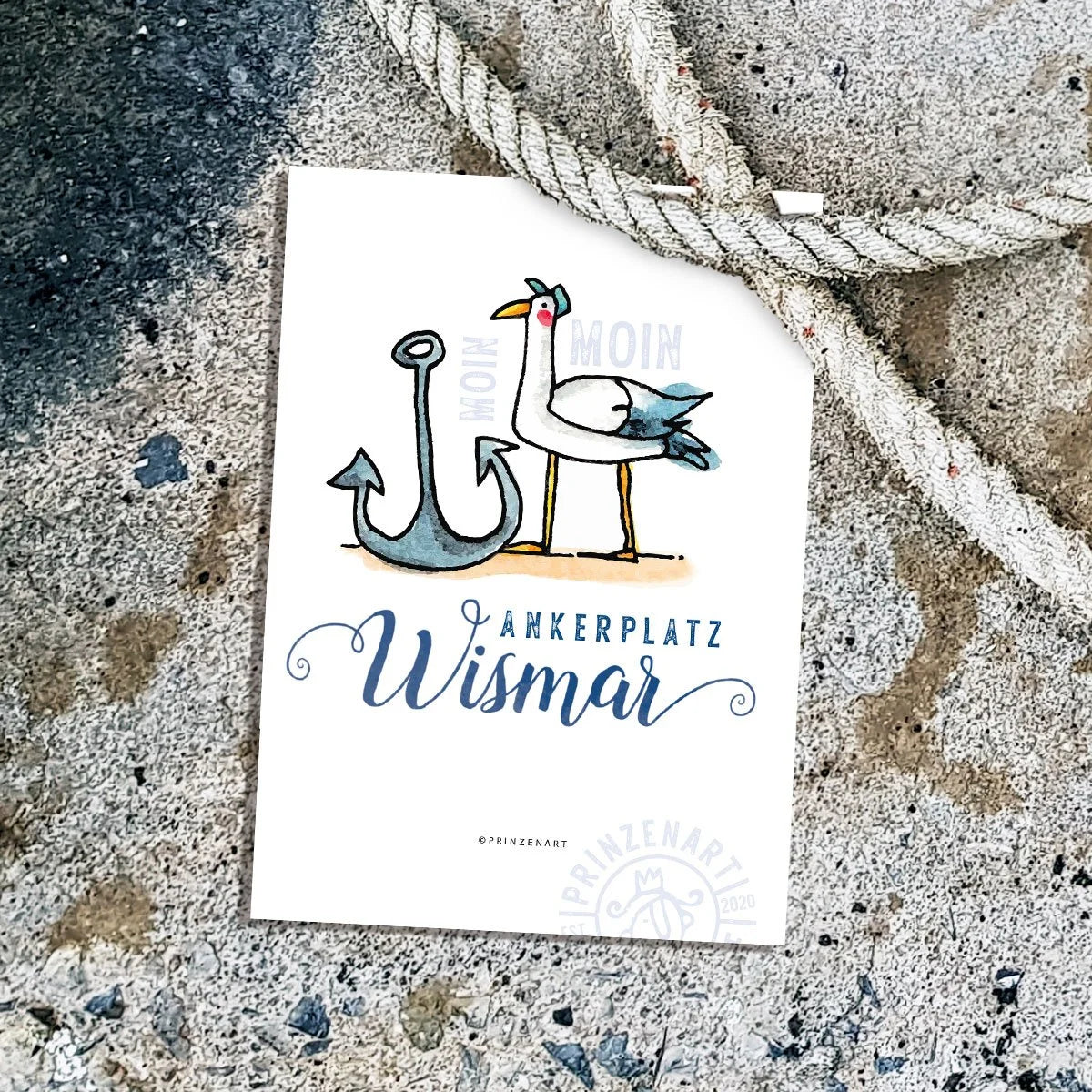 Postkarte Hajos Heimat Wismar mit Möwe am Hafen, Aquarell | Prinzenart