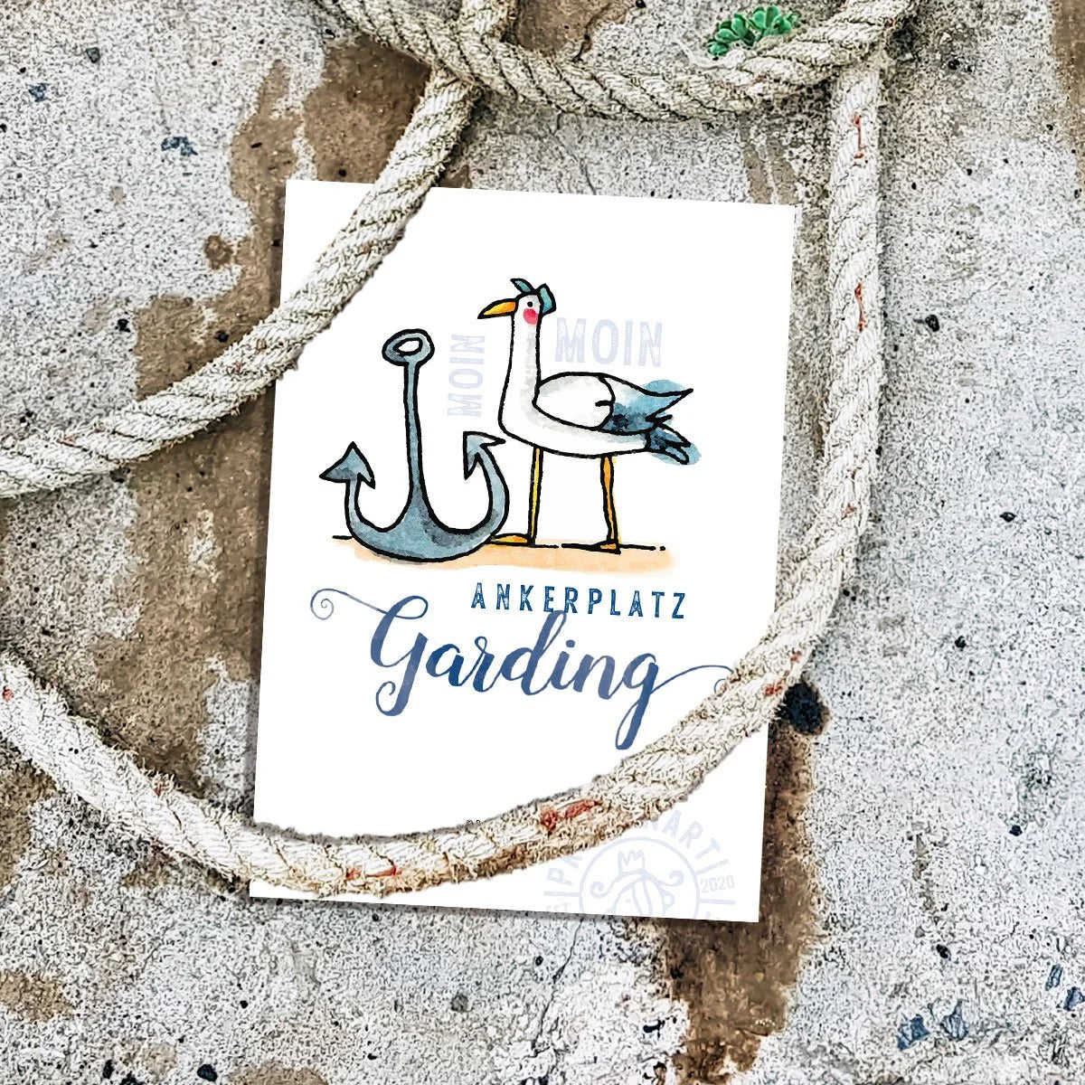 Postkarte Hajos Heimat Garding mit Möwe am Hafen, Aquarell | Prinzenart