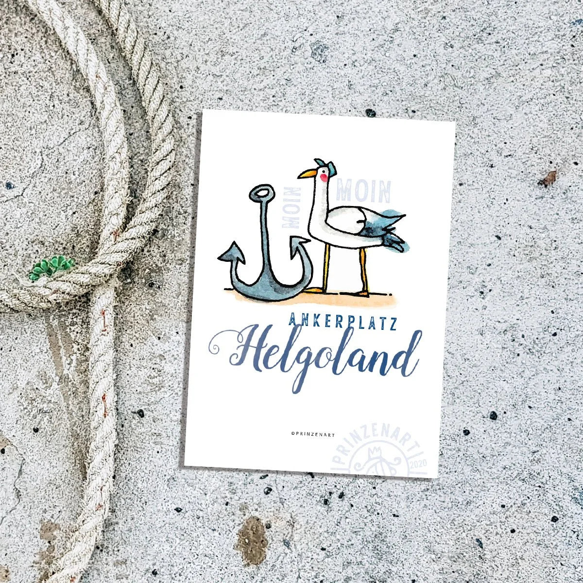 Postkarte Hajos Heimat Helgoland mit Möwe am Hafen, Aquarell | Prinzenart