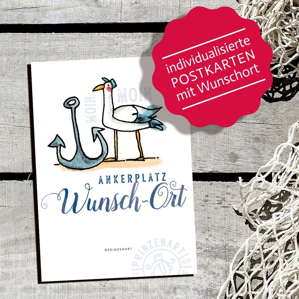 Postkarte Hajos Heimat Wunschort mit Möwe und Kompass am Hafen | Prinzenart