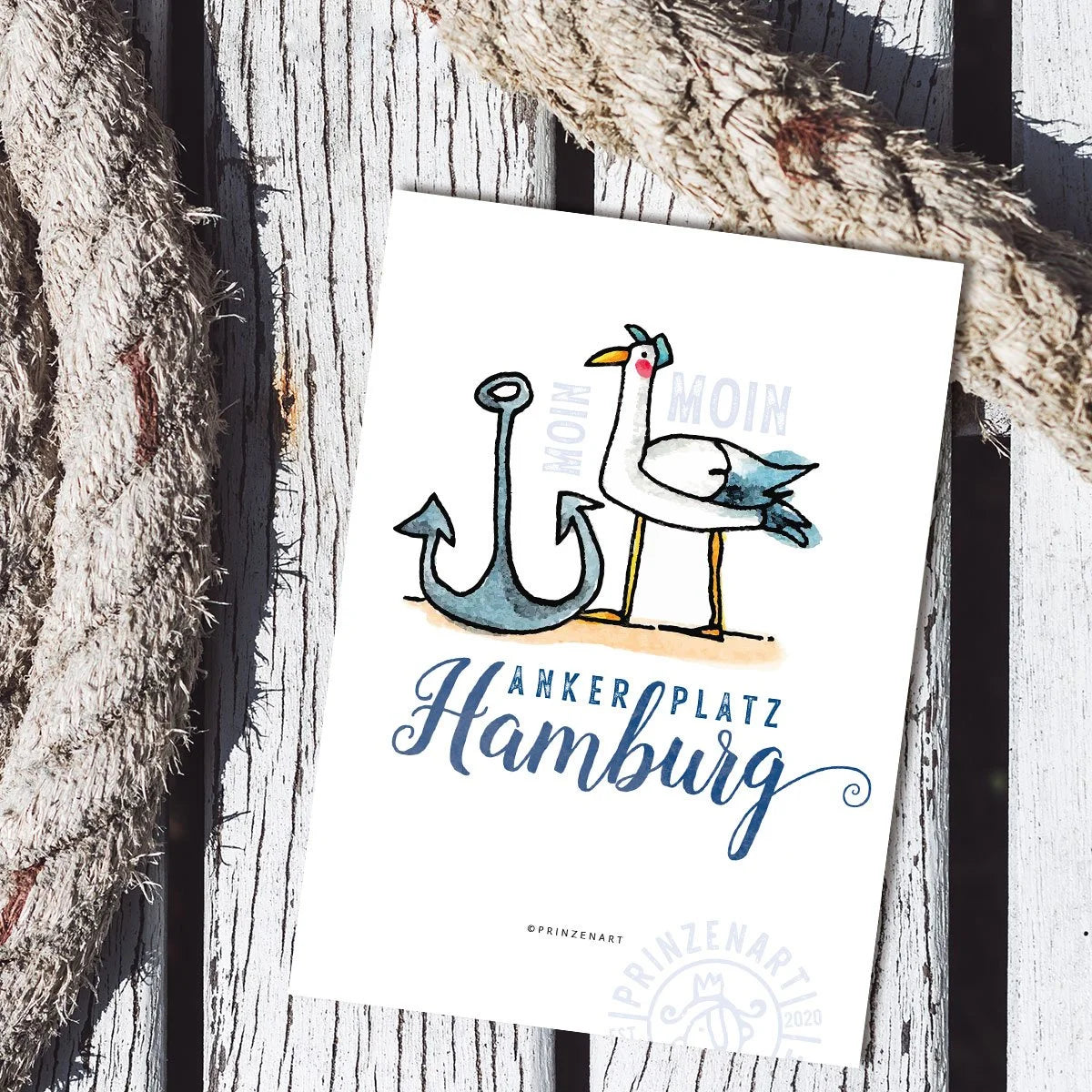 Postkarte Hajos Heimat Hamburg mit Möwe am Hafen, Aquarell | Prinzenart