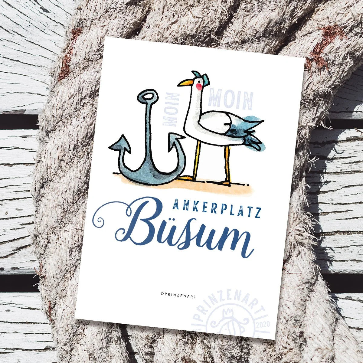 Postkarte Hajos Heimat Büsum mit Möwe am Hafen, Aquarell | Prinzenart