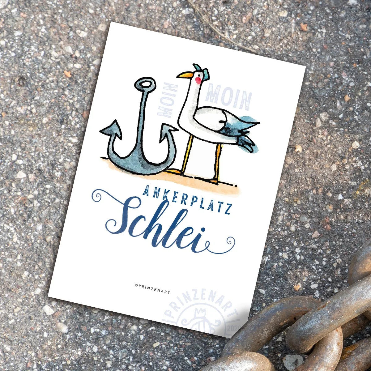 Postkarte Hajos Heimat Schlei mit Möwe am Hafen, Aquarell | Prinzenart