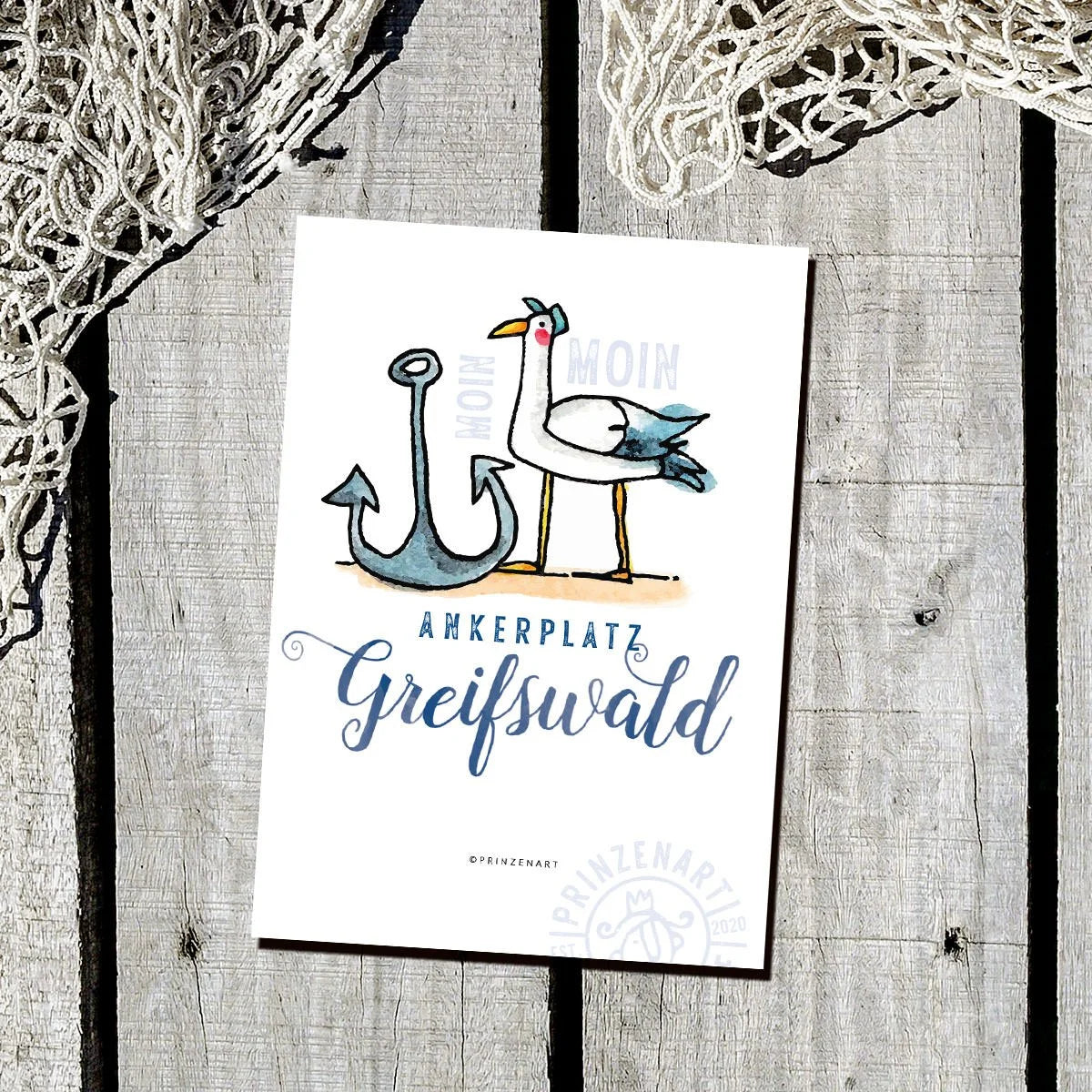 Postkarte Hajos Heimat Greifswald mit Möwe am Hafen, Aquarell | Prinzenart