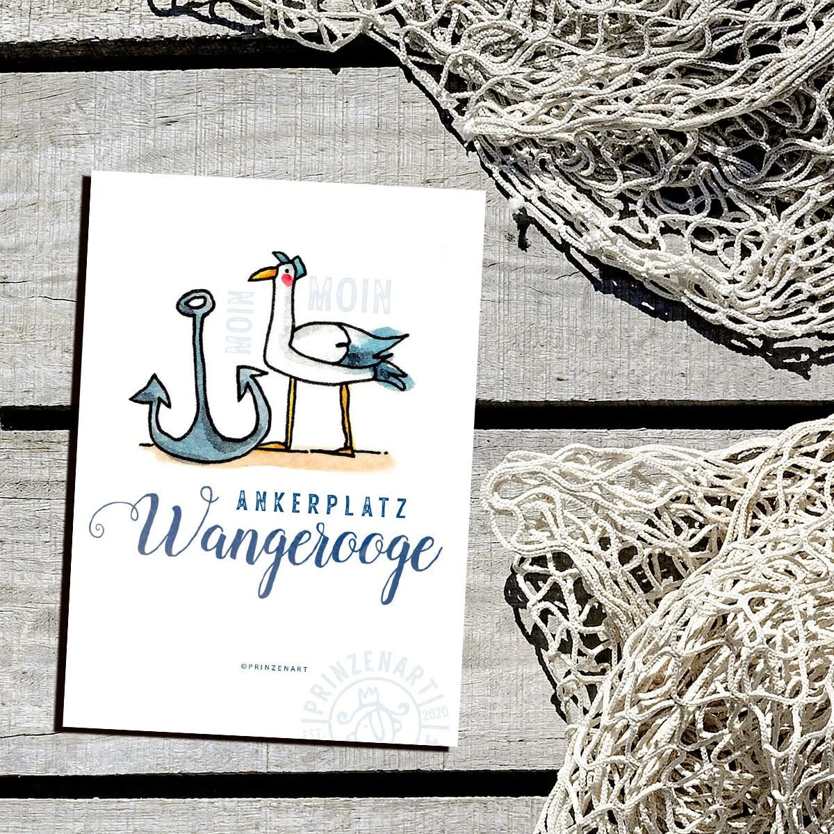 Postkarte Ankerplatz Wangerooge mit Möwe am Hafen, Aquarell | Prinzenart