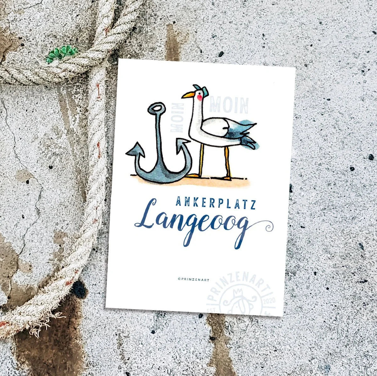 Postkarte Ankerplatz Langeoog mit Möwe am Hafen, Aquarell | Prinzenart