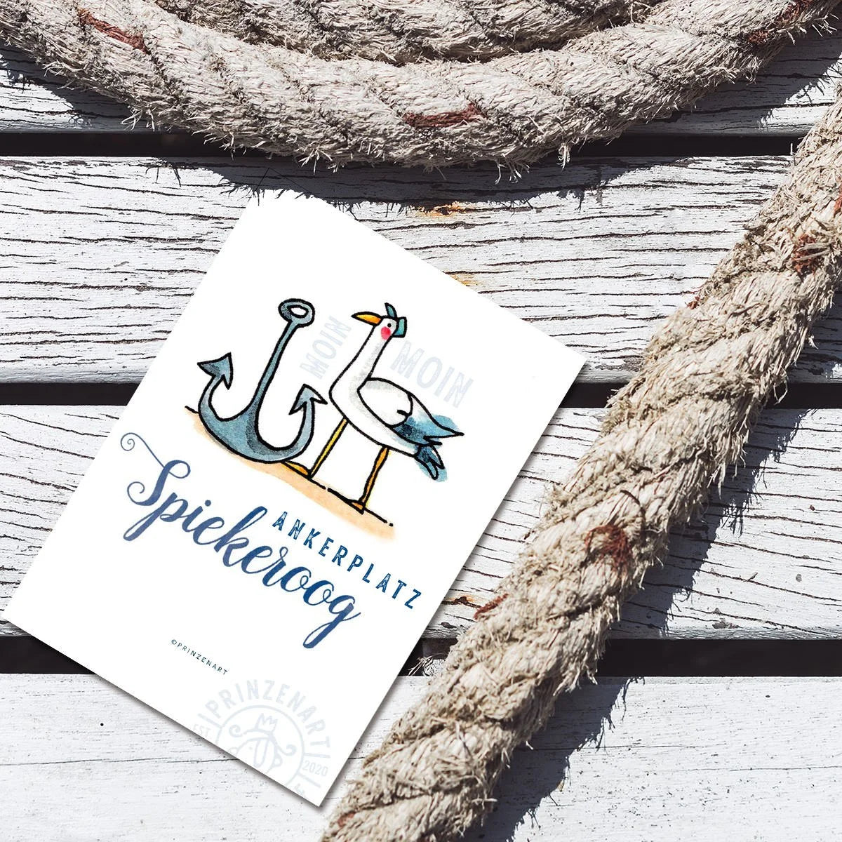 Postkarte Ankerplatz Spiekeroog mit Möwe am Hafen, Aquarell | Prinzenart