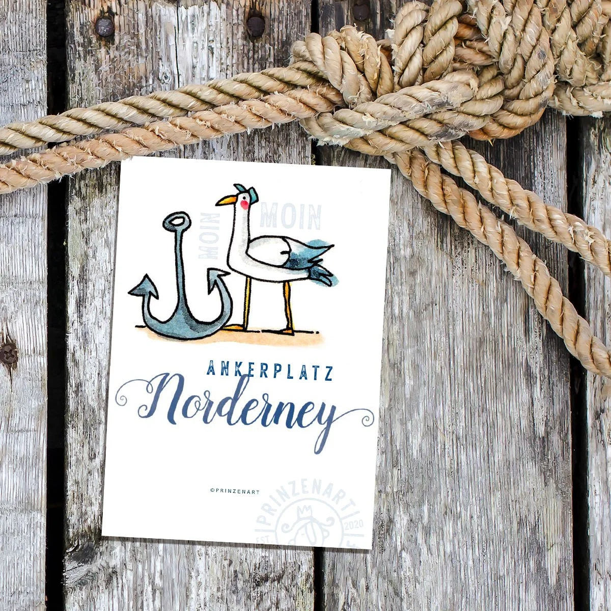 Postkarte Ankerplatz Norderney mit Möwe am Hafen, Aquarell | Prinzenart