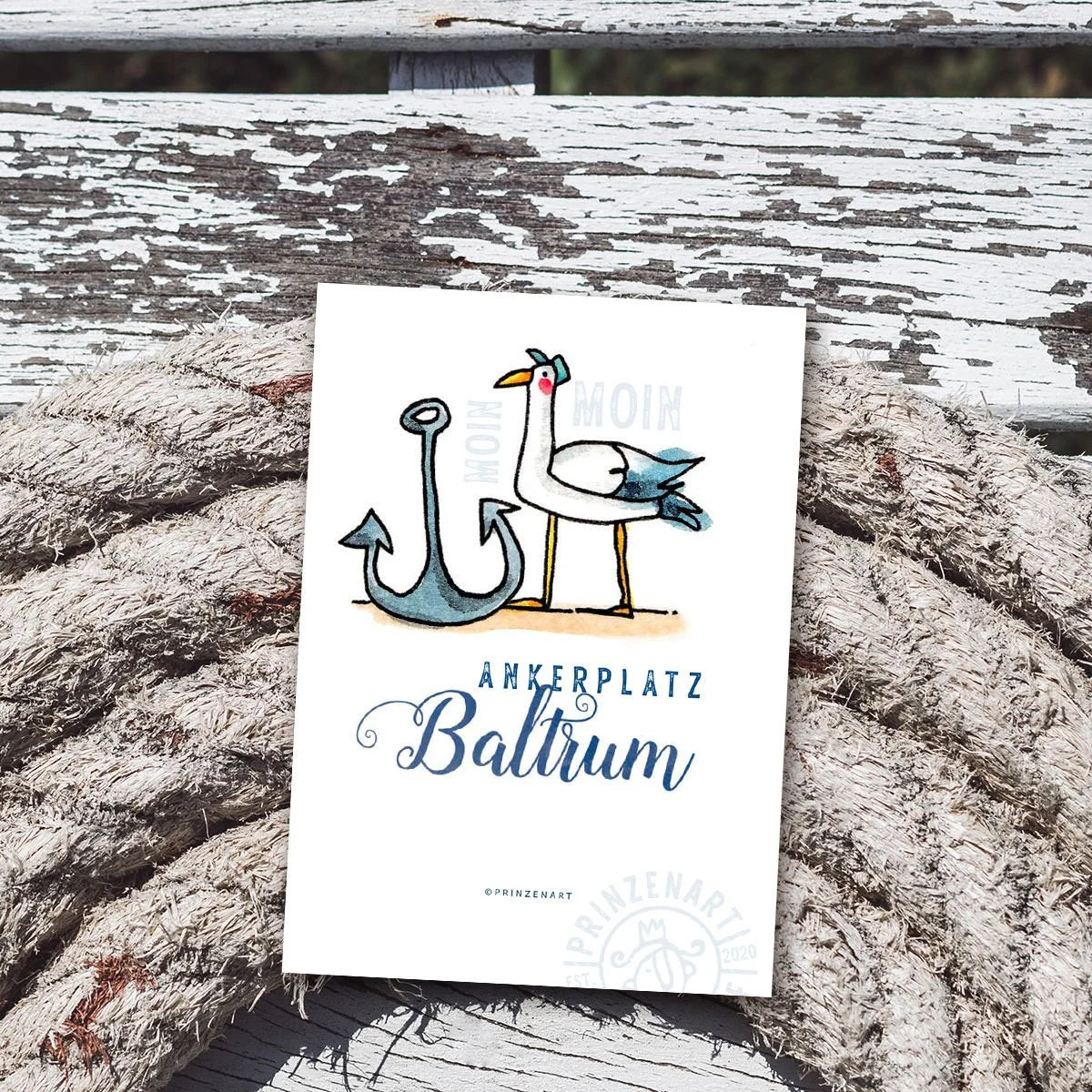 Postkarte Ankerplatz Baltrum mit Möwe am Hafen, Aquarell | Prinzenart
