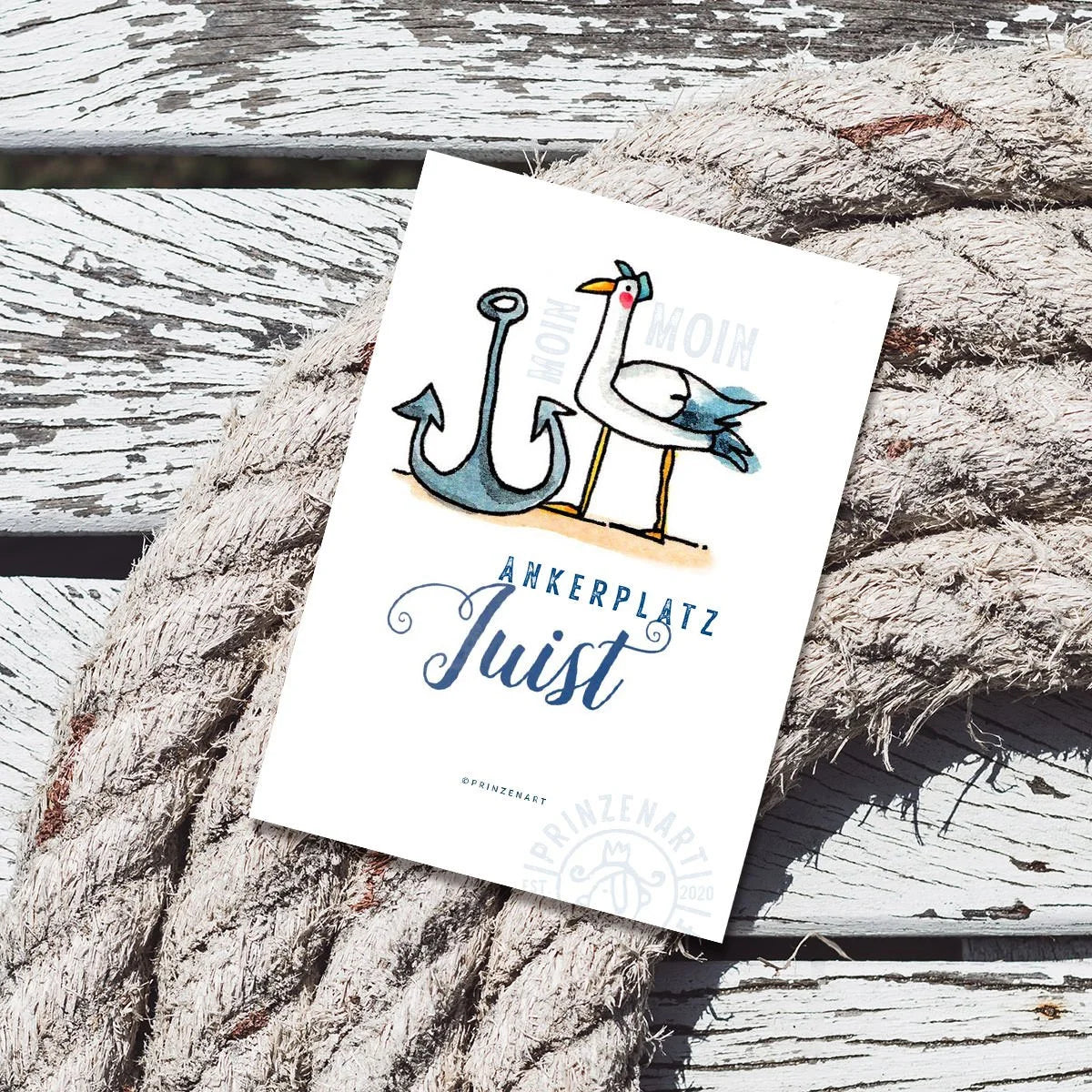 Postkarte Ankerplatz Juist mit Möwe am Hafen, Aquarell | Prinzenart