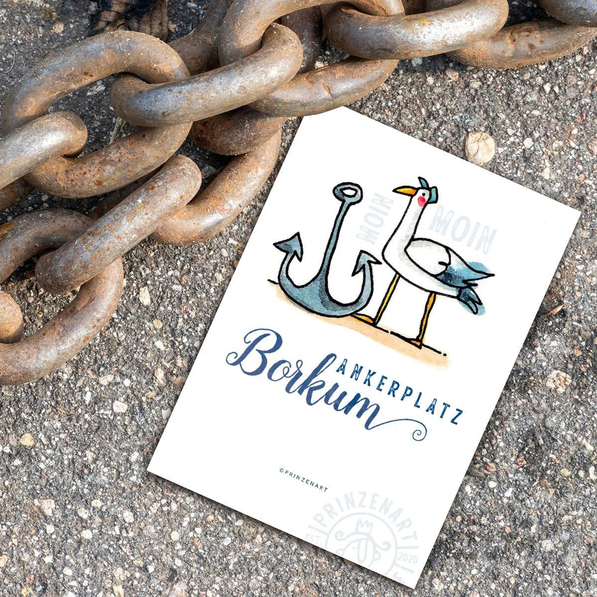 Postkarte Ankerplatz Borkum mit Möwe am Hafen, Aquarell | Prinzenart