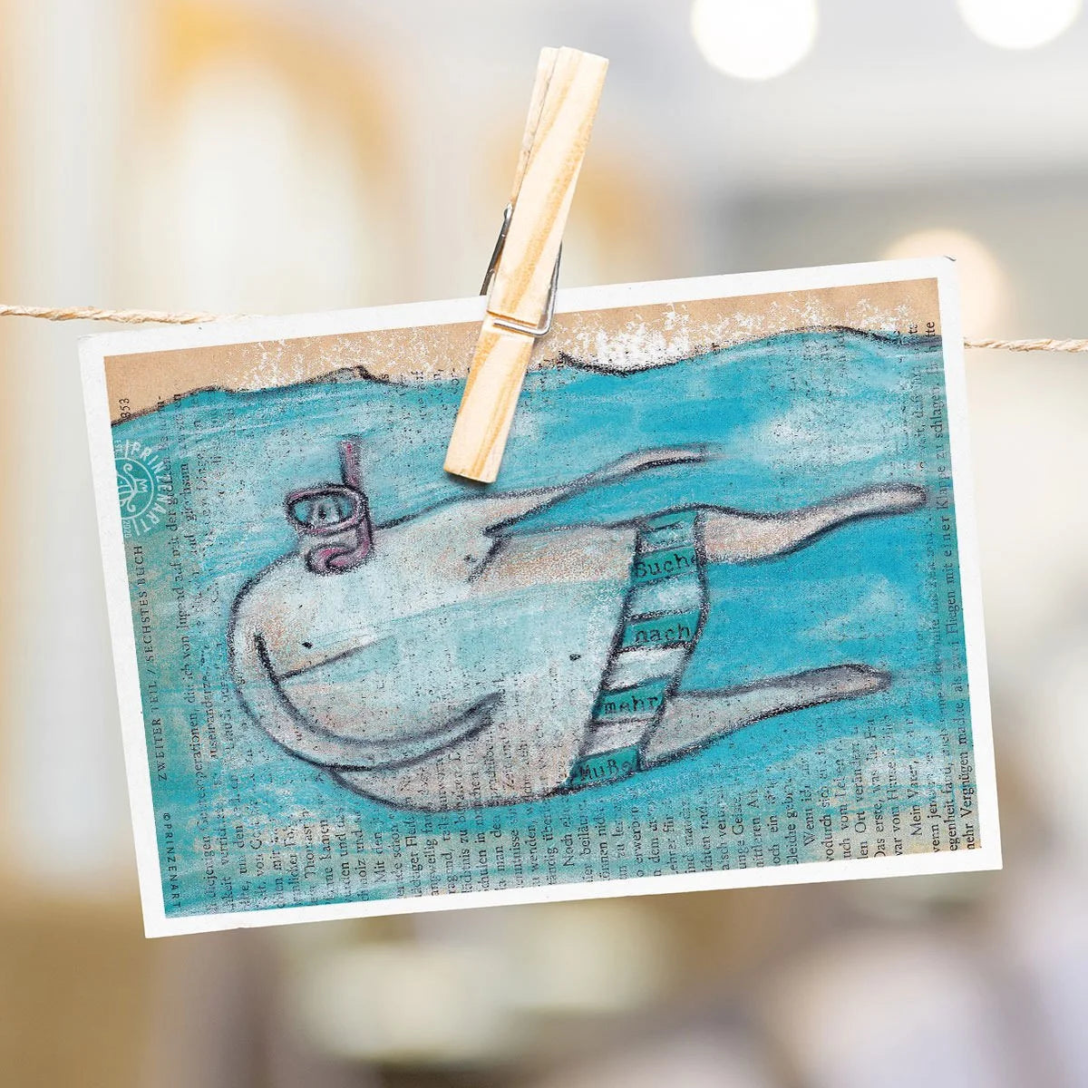 Möwe mit Schnorchel taucht unter Wasser, Abtauchen, Mixed-Media auf Buchseite | Prinzenart