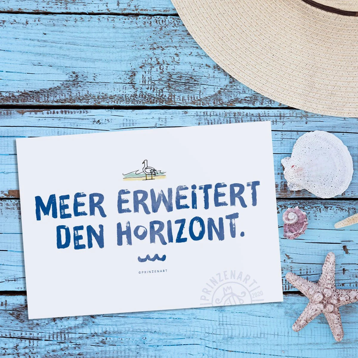 Meersinn-Postkarte mit Moewe, Text Meer erweitert den Horizont | Prinzenart
