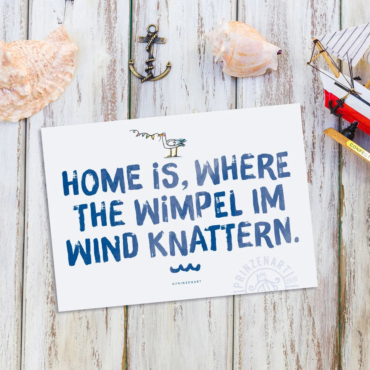 Meersinn-Postkarte mit Wimpel-Illustration, maritimer Meerspruch | Prinzenart
