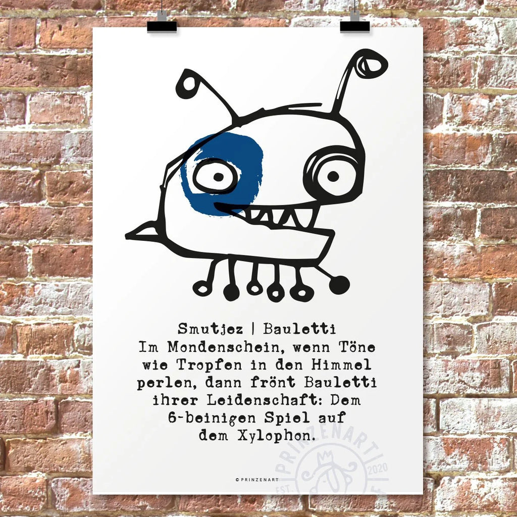 Smutjez Bauletti, witziges Monster mit blauem Auge und sechs Beinen, Schwarz-Weiss | Prinzenart