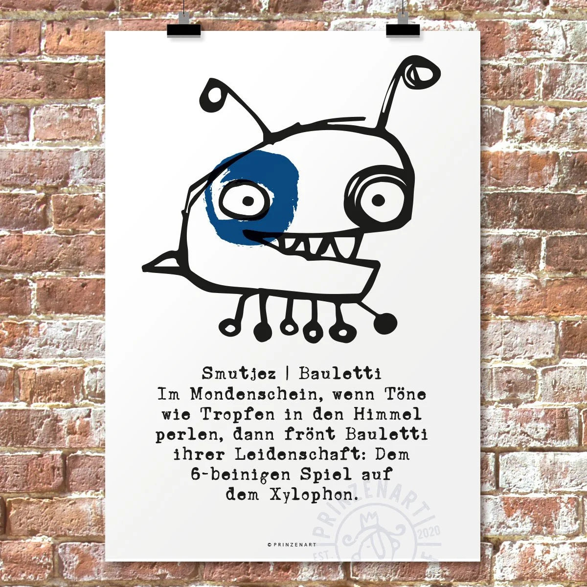 Smutjez Bauletti, witziges Monster mit blauem Auge und sechs Beinen, Schwarz-Weiss | Prinzenart