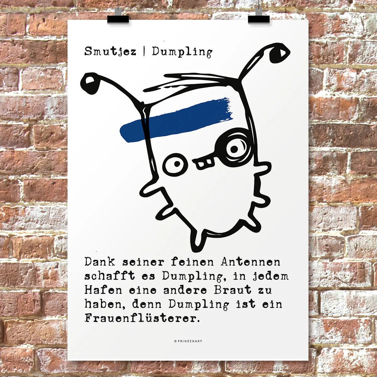 Smutjez Dumpling, witziges Monster mit Antennen und blauem Strich, Schwarz-Weiss | Prinzenart