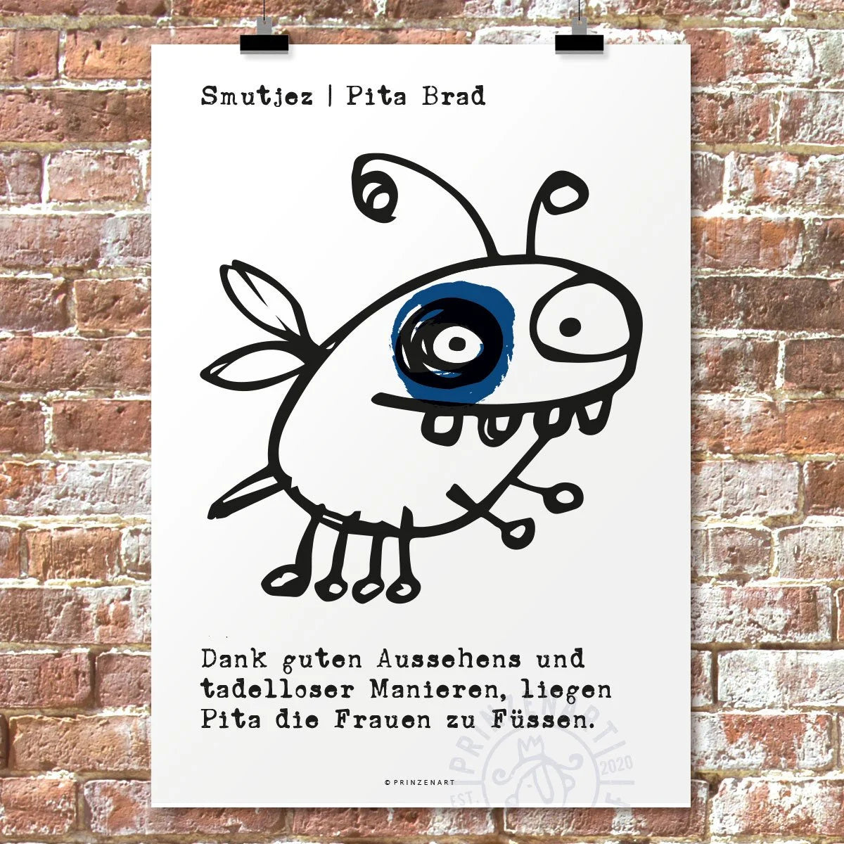 Smutjez Pita Brad, witziges Monsterposter mit blauem Farbfleck | Prinzenart