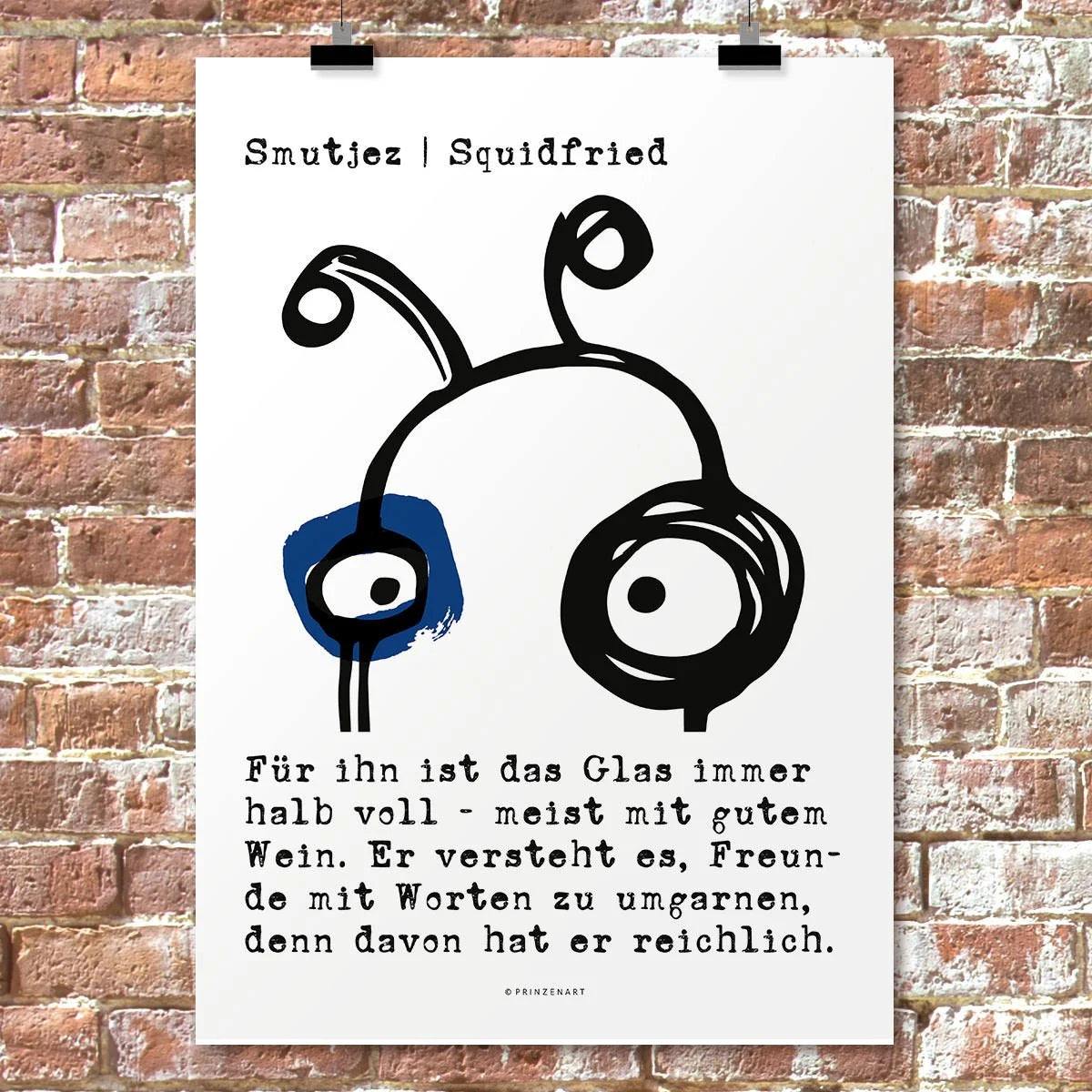 Smutjez Squidfried, witziges Monsterposter mit blauem Akzent, Schwarz-Weiss | Prinzenart