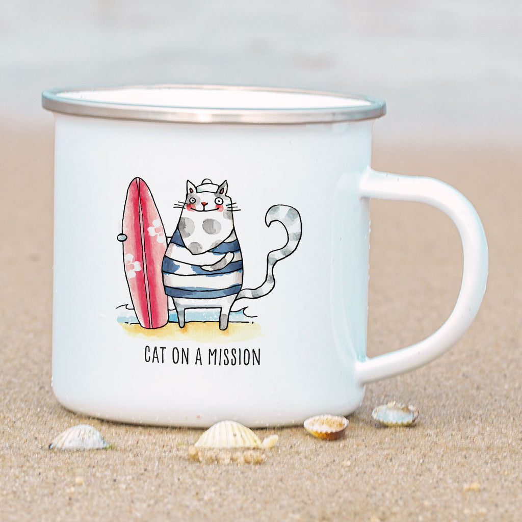 Emaille-Tasse – Cat on a Mission