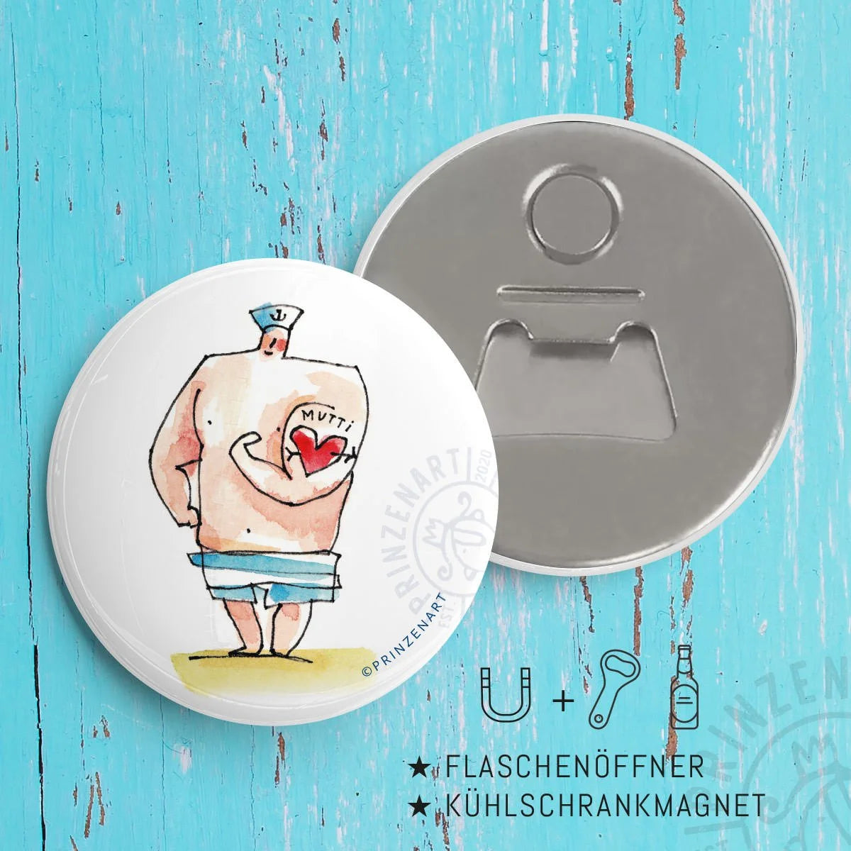 Flaschenöffner-Magnet Mutti mit Matrose und Herz-Tattoo, Vorder- und Rückseite | Prinzenart