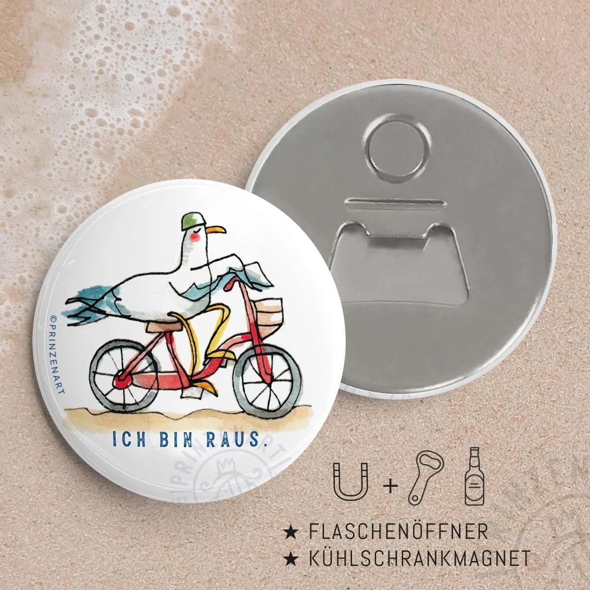 Flaschenöffner-Magnet mit Möwe auf Fahrrad, Spruch Ich bin raus, Hajos Welt | Prinzenart