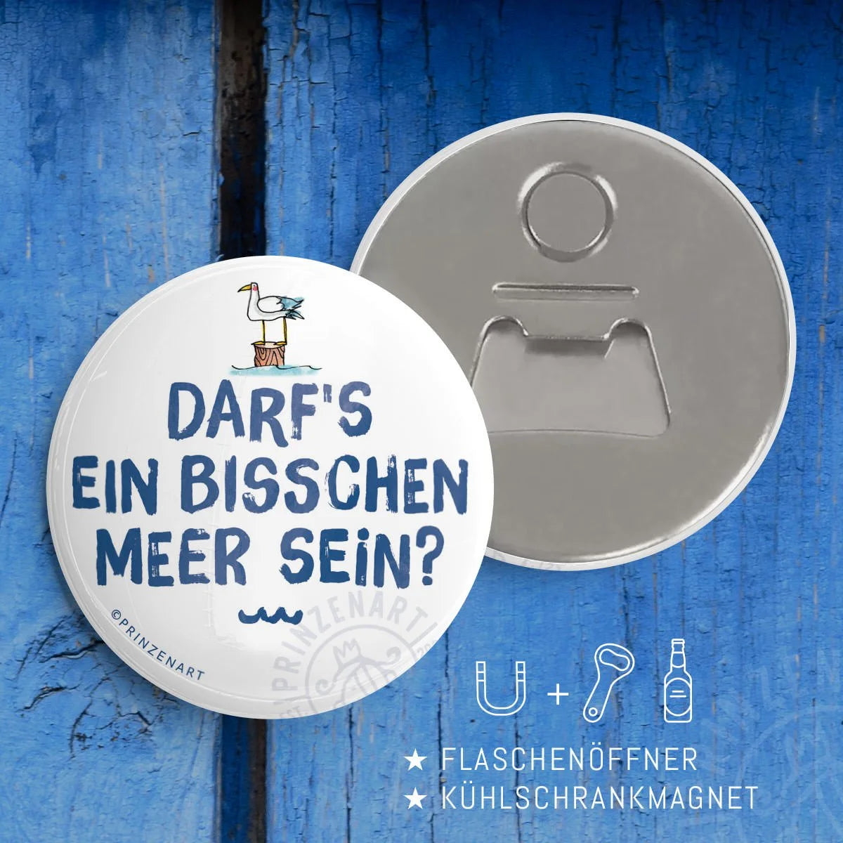 Flaschenöffner-Magnet Meersinn Ein bisschen Meer, Vorder- und Rückseite | Prinzenart