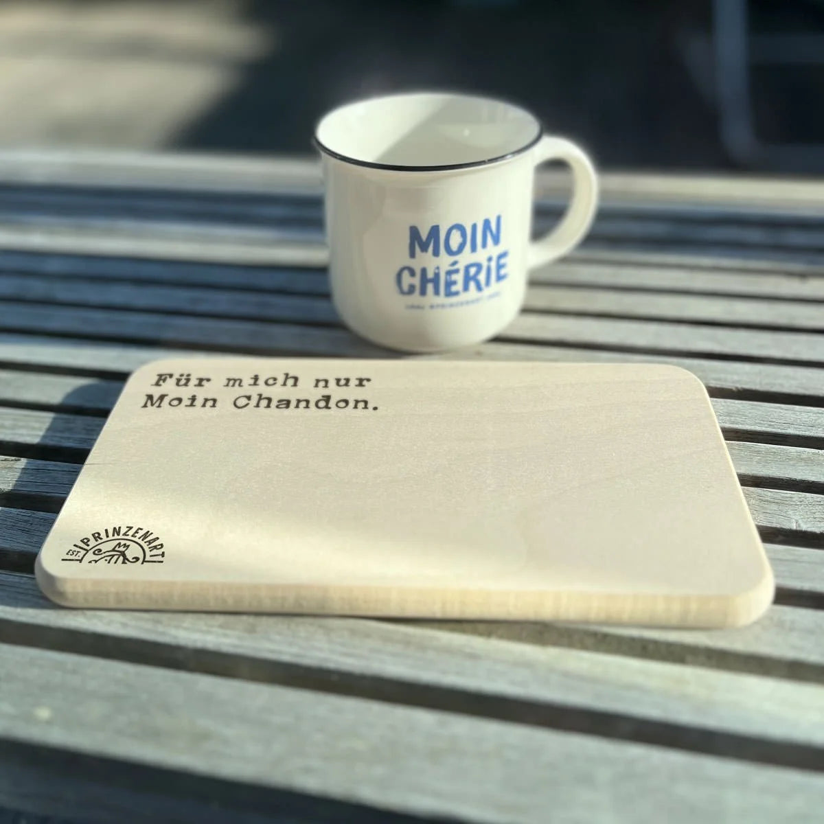 Frühstücksbrettchen Für mich nur Moin Chandon mit Moin Chérie Tasse | Prinzenart