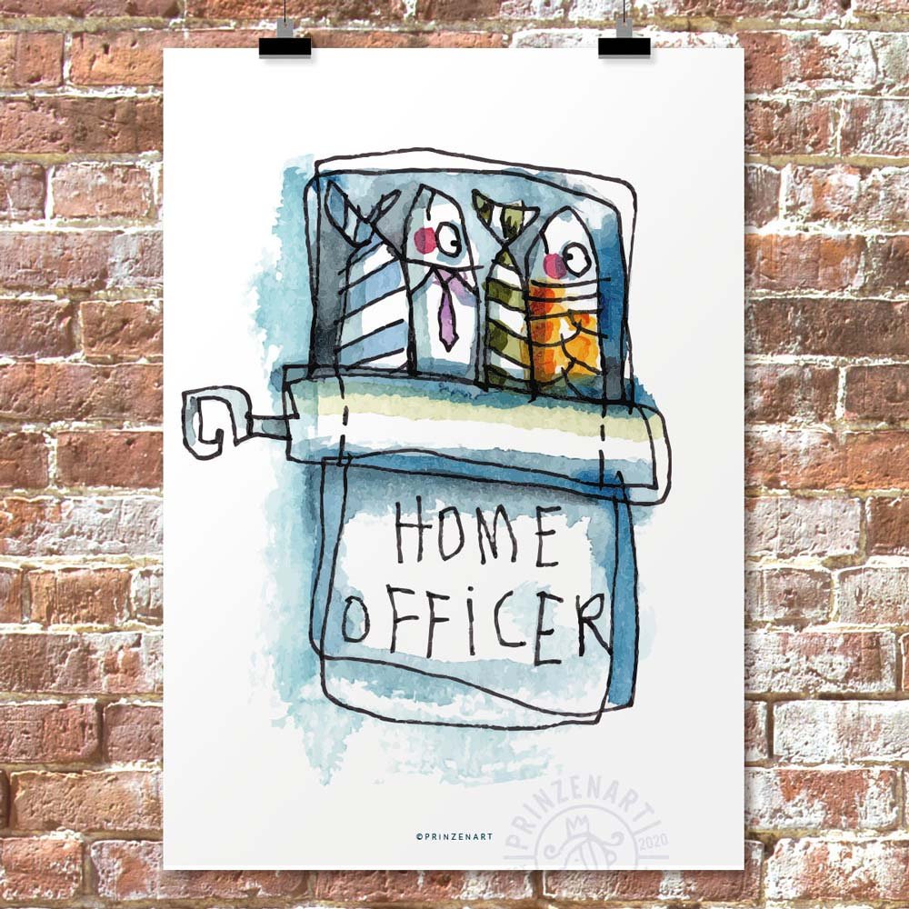Sardinen in Buechse mit Hemd und Krawatte, Text Home Officer, witzige Aquarell-Illustration | Prinzenart