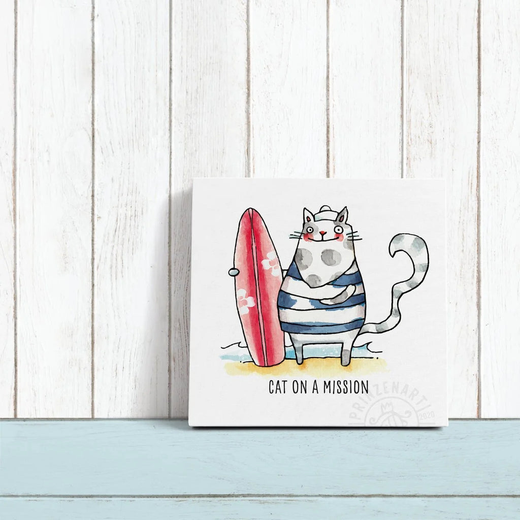 Leinwand Cat on a Mission an weißer Wand angelehnt, Aquarell-Illustration | Prinzenart