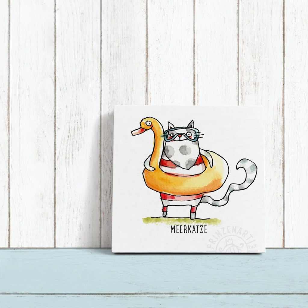 Leinwand Meerkatze an weißer Holzwand angelehnt, maritimes Aquarell | Prinzenart