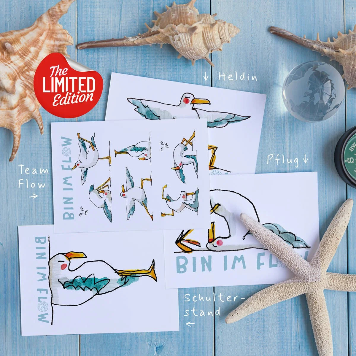 Limited Edition 4er-Set Yogamöwen-Postkarten: Heldin, Pflug, Schulterstand, Team Flow | Prinzenart
