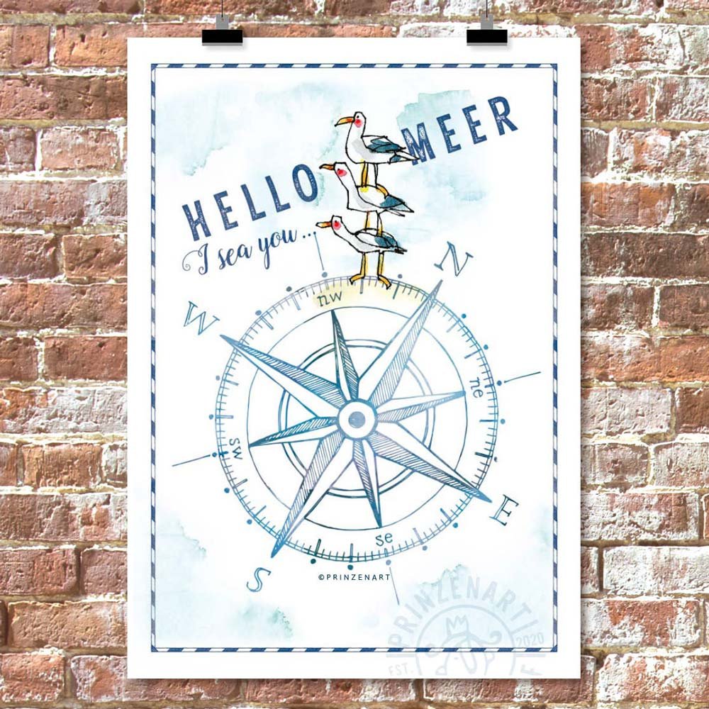 Moewen auf Kompassrose, Text Hello Meer I sea you, maritime Aquarell-Illustration | Prinzenart