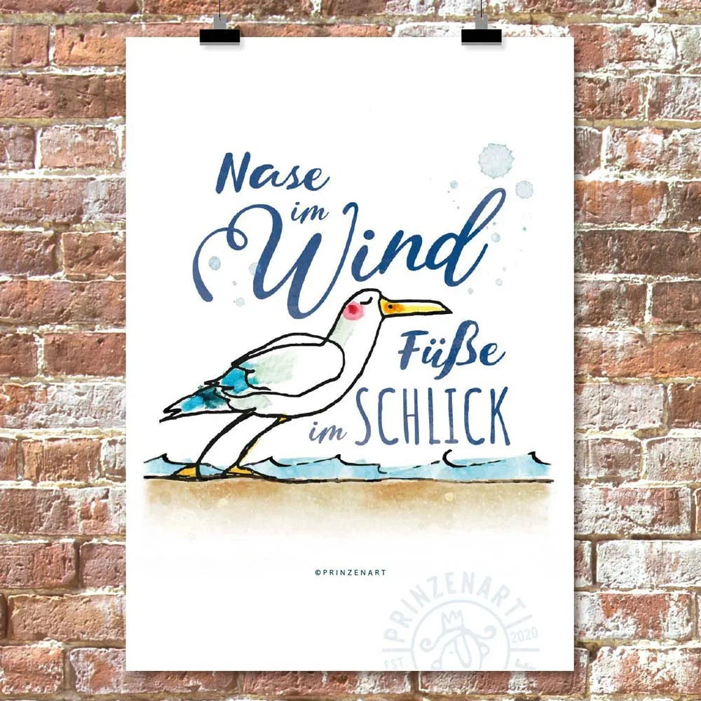 Moewe am Wasser, Spruch Nase im Wind Fuesse im Schlick, maritime Aquarell-Illustration | Prinzenart