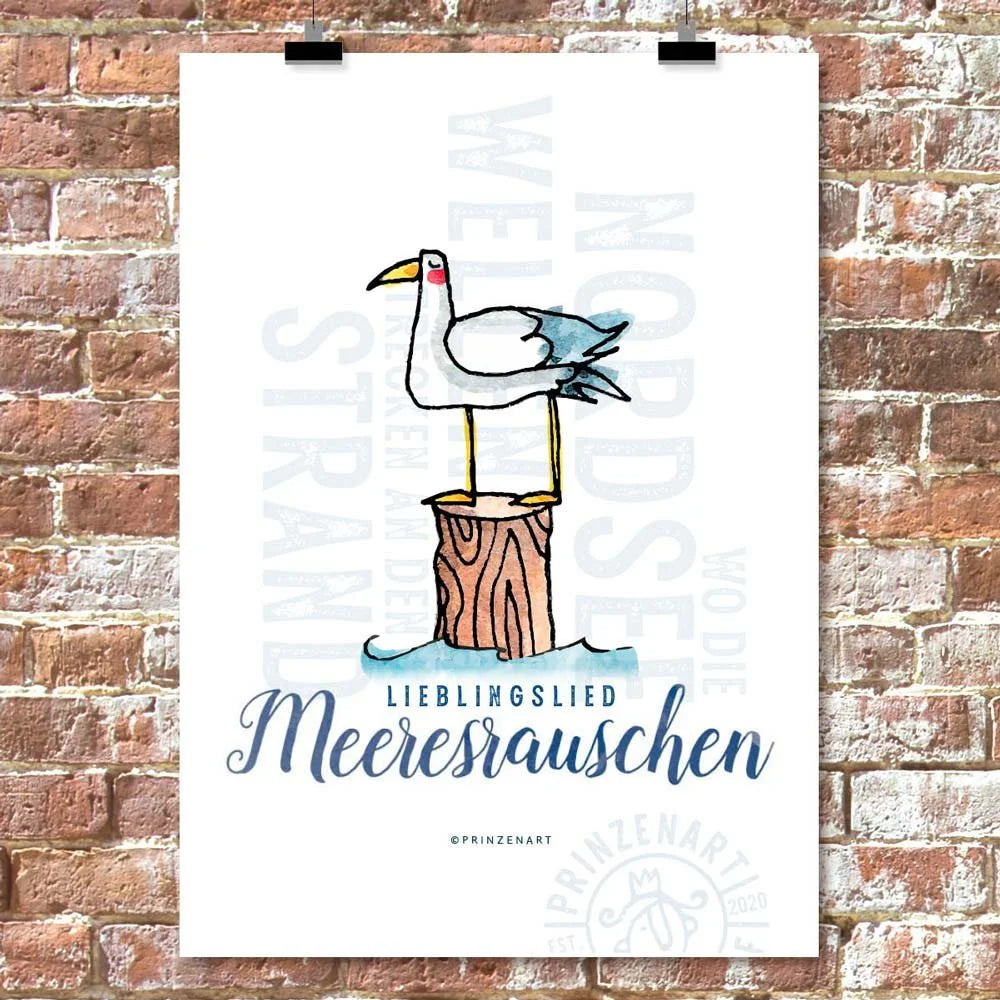 Moewe auf Holzpfahl, Lieblingslied Meeresrauschen, Nordsee-Aquarell-Illustration | Prinzenart