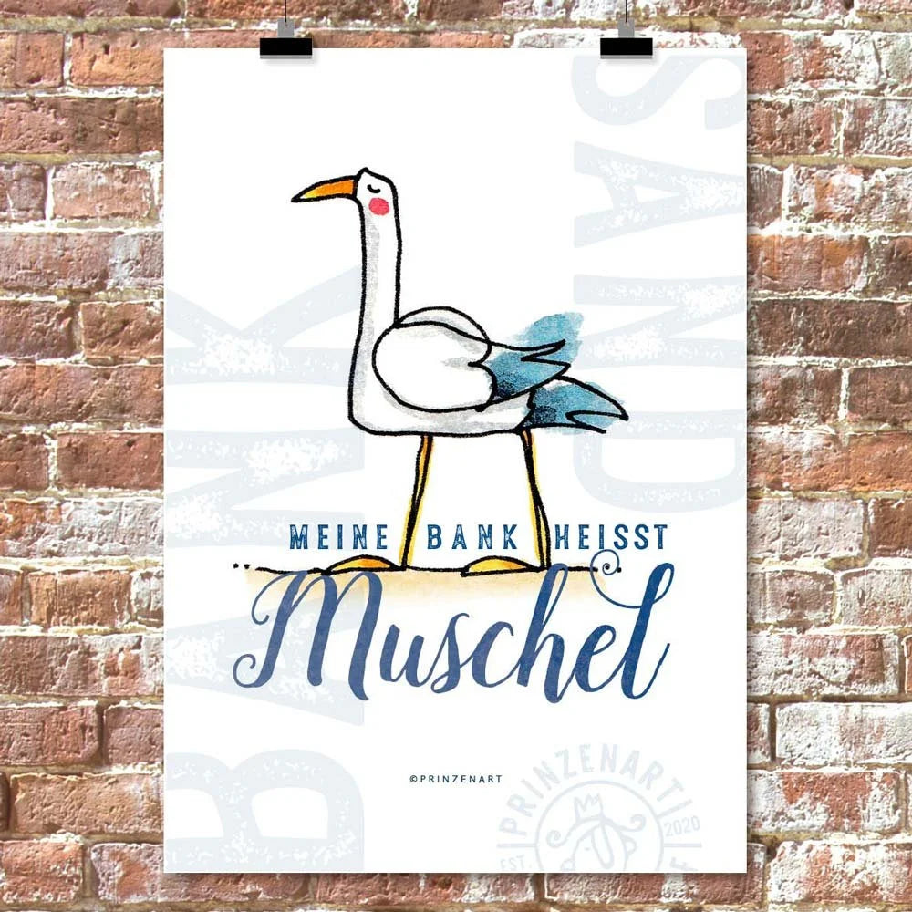 Stolze Moewe, Spruch Meine Bank heisst Muschelbank, maritime Aquarell-Illustration | Prinzenart