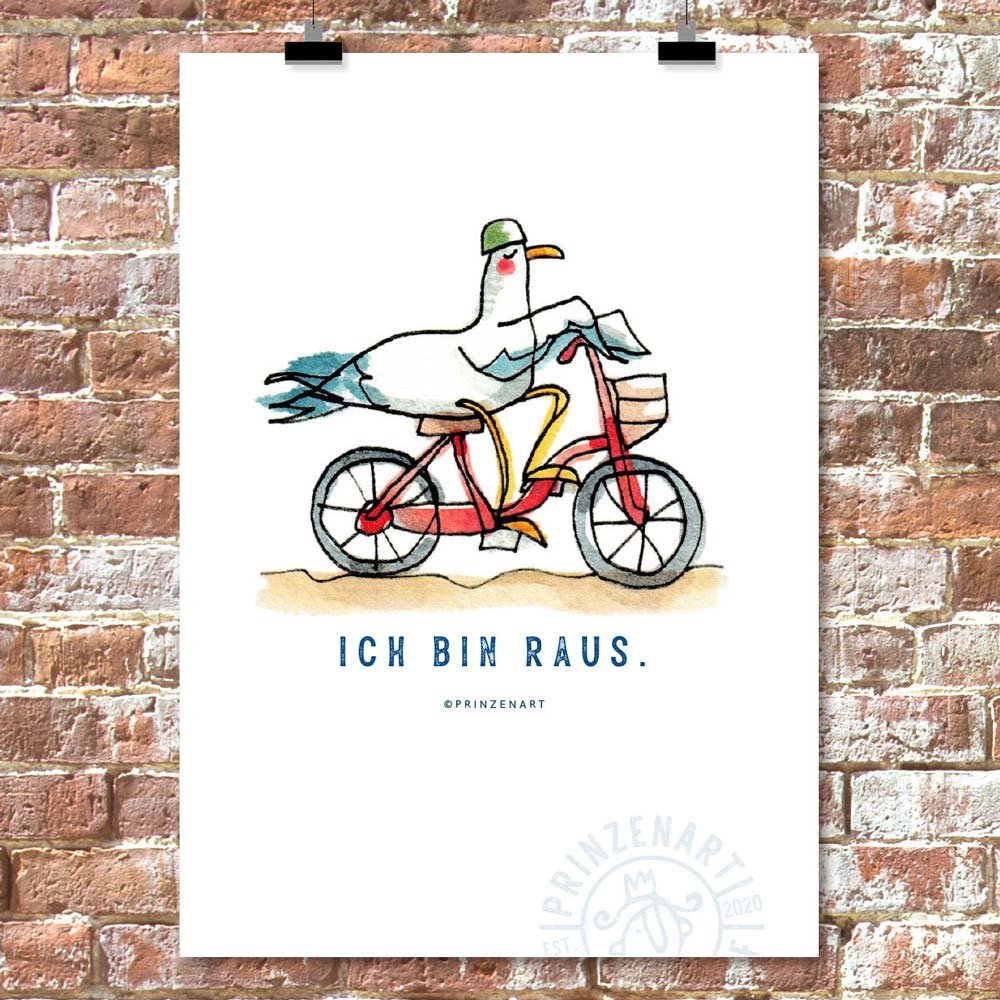 Moewe faehrt Fahrrad mit Helm, Text Ich bin raus, maritime Aquarell-Illustration | Prinzenart