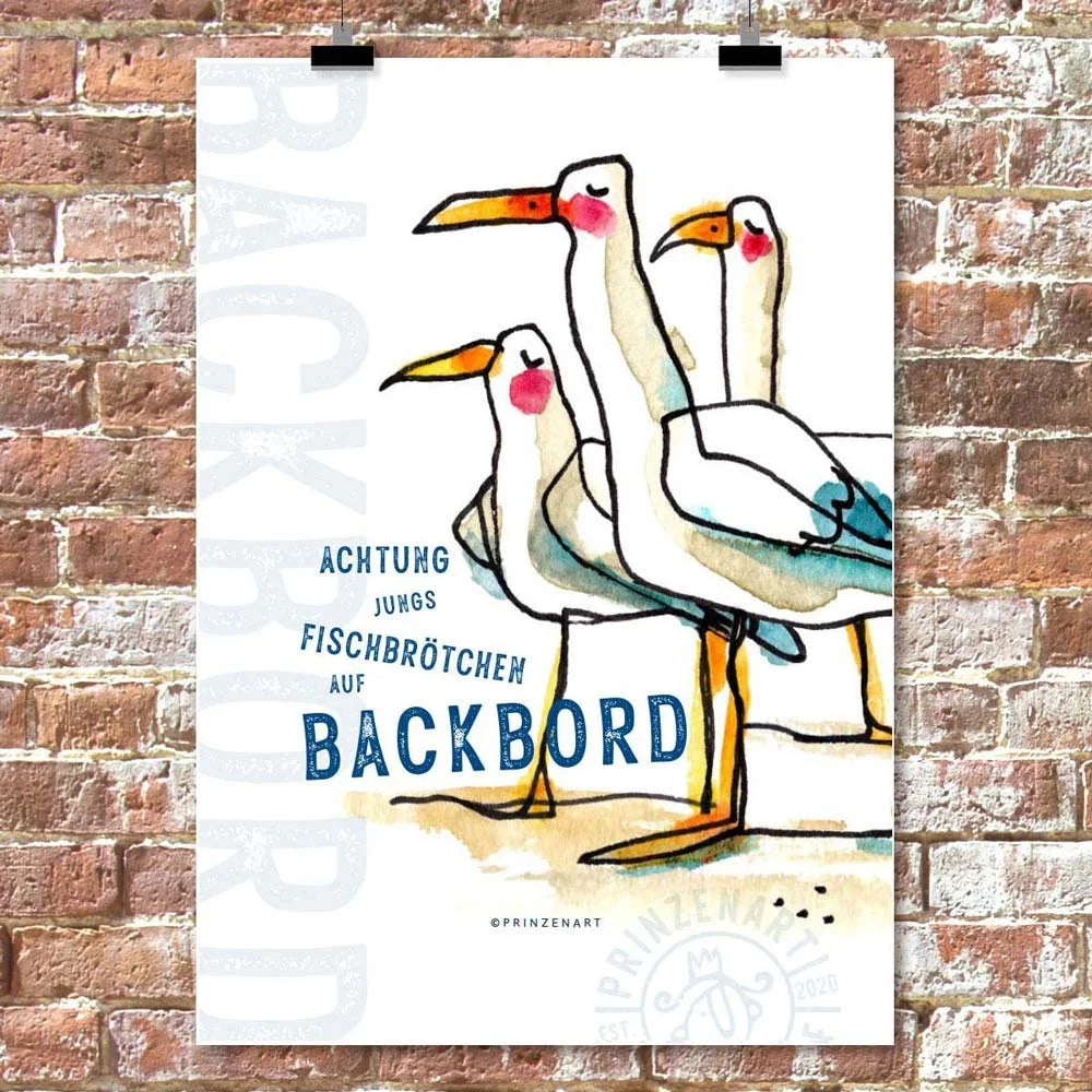 Vier Moewen, Text Achtung Jungs Fischbroetchen auf Backbord, Aquarell-Illustration | Prinzenart