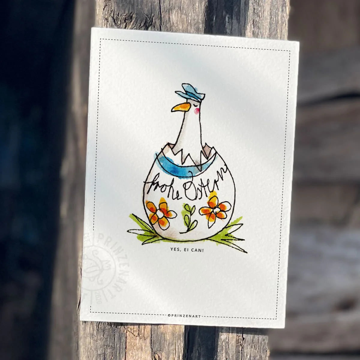 Oster-Postkarte Moewe schluepft aus Osterei, Text Yes Ei Can Frohe Ostern | Prinzenart