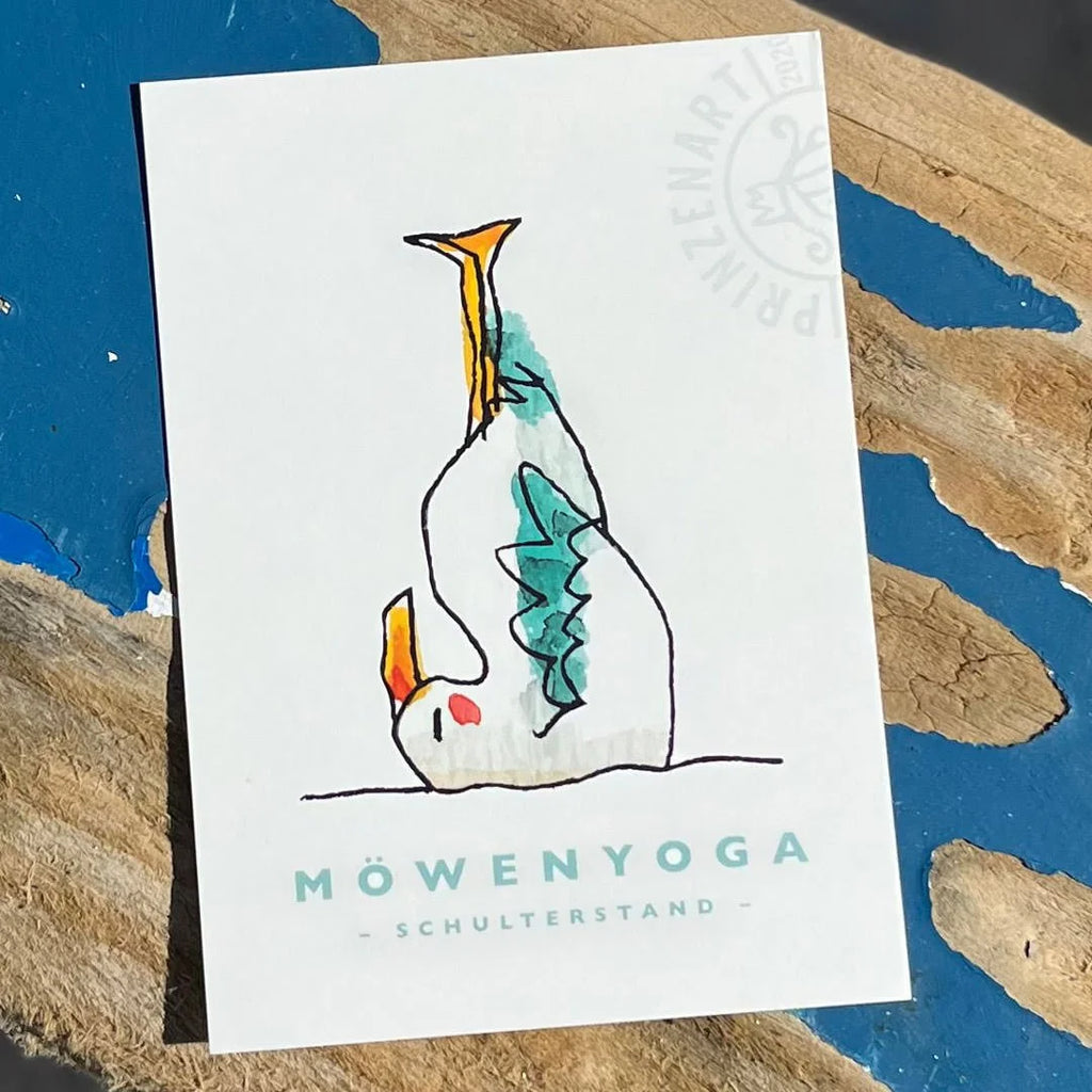 Yogamoewen-Postkarte Moewe im Schulterstand auf Boot, maritime Aquarell | Prinzenart