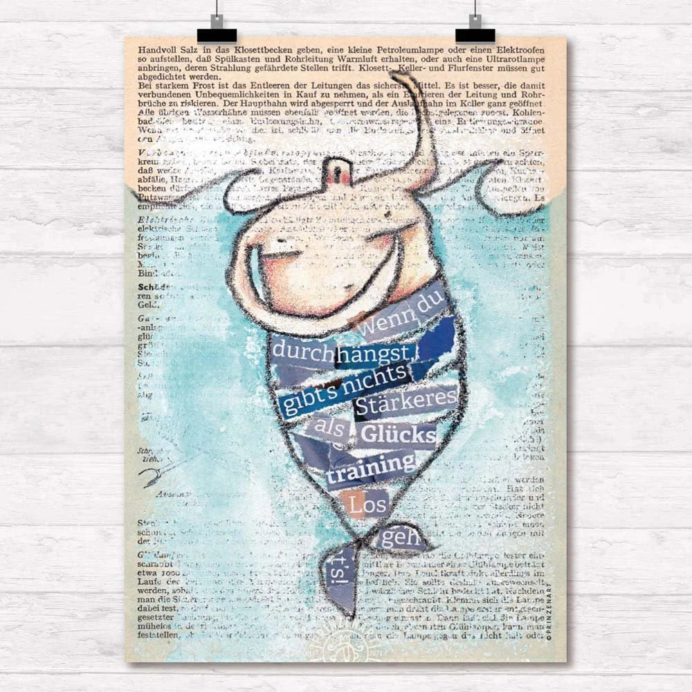 Froehliche Strandfigur mit Text Glueckstraining Los gehts, Aquarell-Collage auf alter Buchseite | Prinzenart