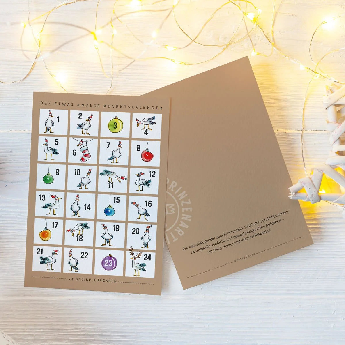 Klappkarte Adventskalender mit Möwen-Vorderseite und Beschreibungstext auf Kraftpapier-Rückseite | Prinzenart