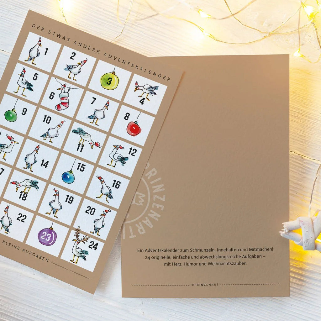 Veganer Adventskalender Klappkarte mit Möwen-Motiv und Rückseite mit Lichterkette | Prinzenart